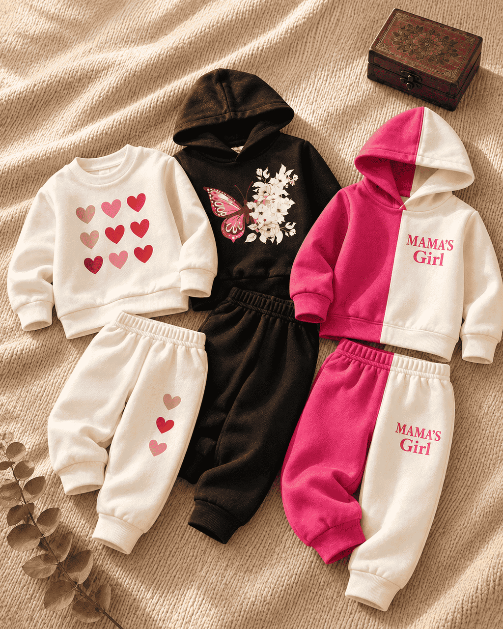 Pack of 3 Girls Winter Sets: Hearts, Butterfly Hoodie & MAMA'S Girl