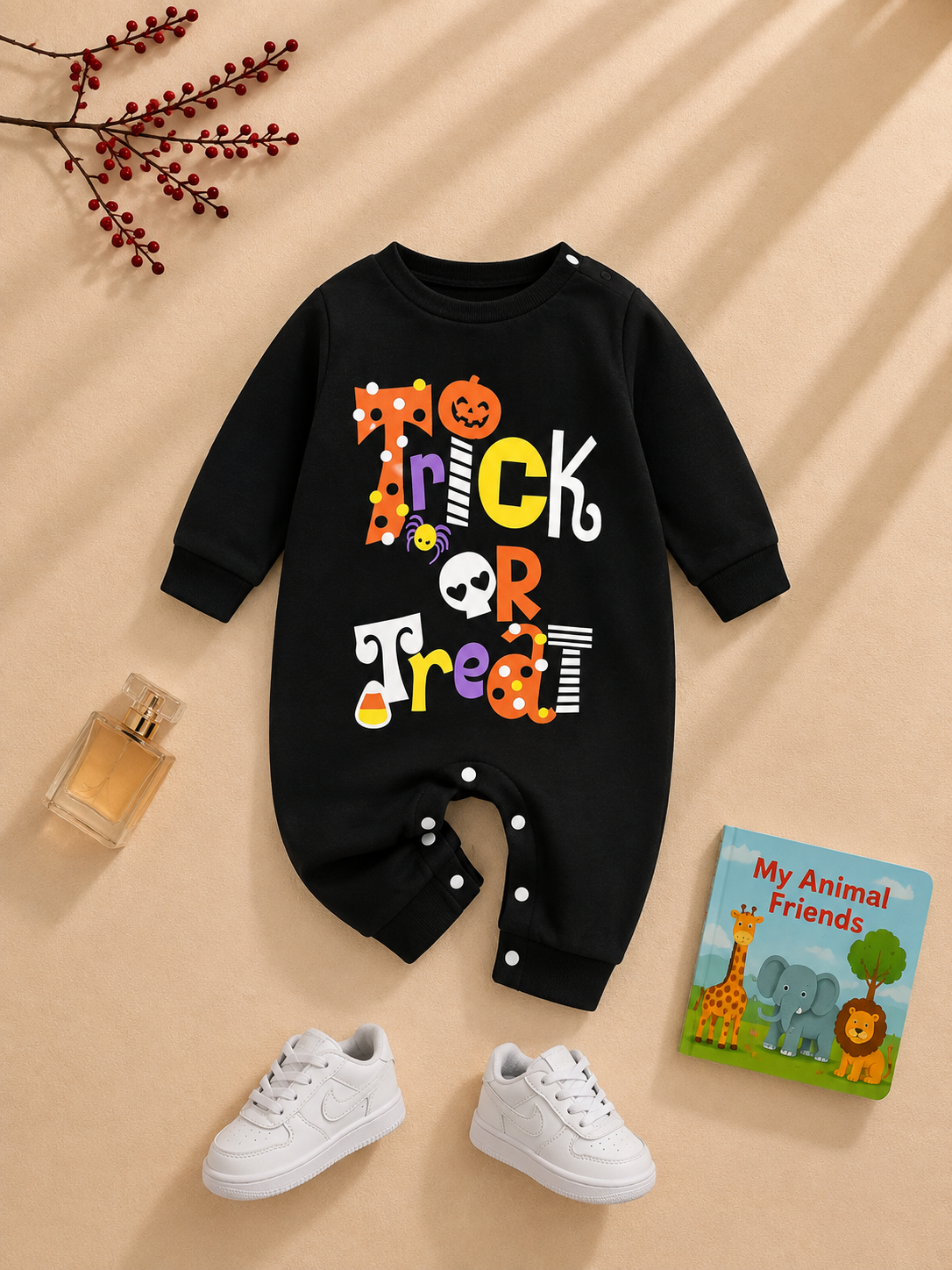 Plush-Printed Rompers - Trick or Treat - Black