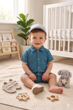 Mini Aura Boys Textured Romper (Classic Collar) – Teal Blue