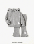 Plush Hoodied Bell Bottom Style Ribbed Knit Basic Set - Grey