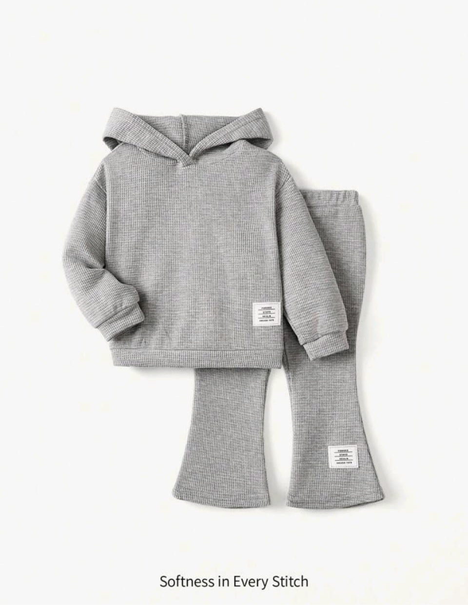 Plush Hoodied Bell Bottom Style Ribbed Knit Basic Set - Grey