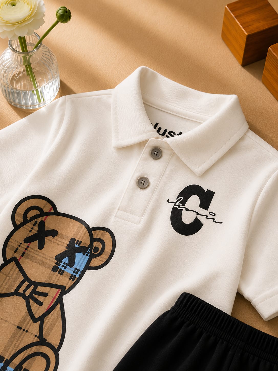 Plush-Baby Plaid Polo Shirt & Shorts-White