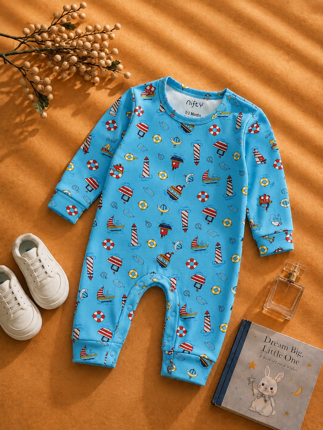 Baby Nautical Print Romper | Blue Long Sleeve Jumpsuit
