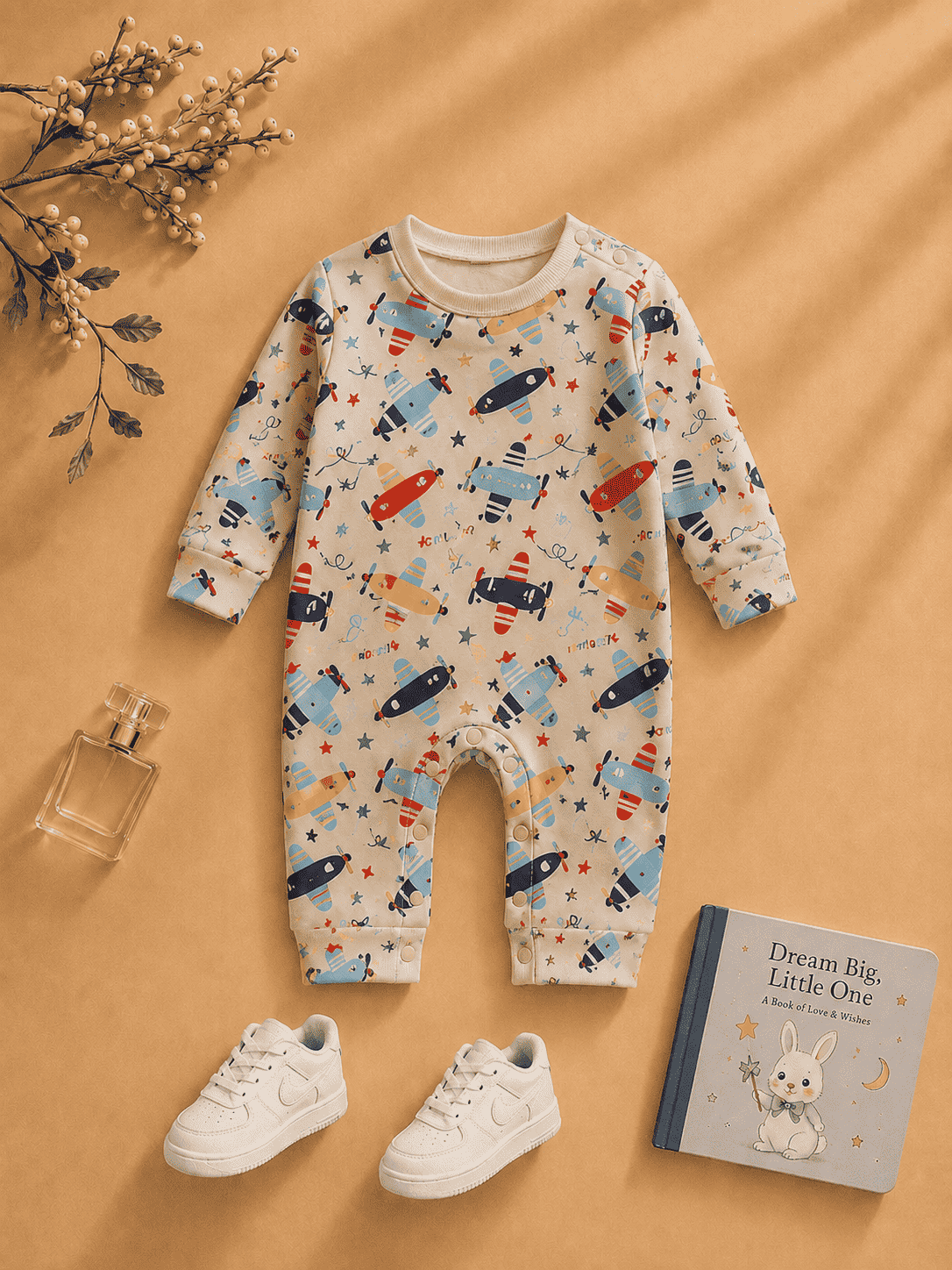 Beige baby romper with airplane print