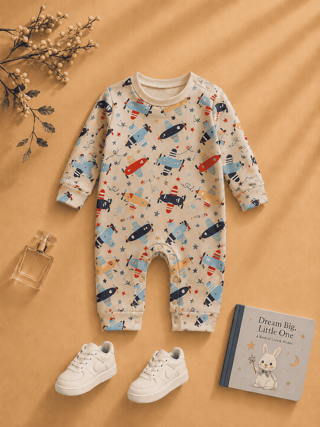 Beige baby romper with airplane print