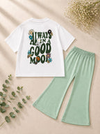 Girls Light Green "Good Mood" T-Shirt & Flapper Trouser Set