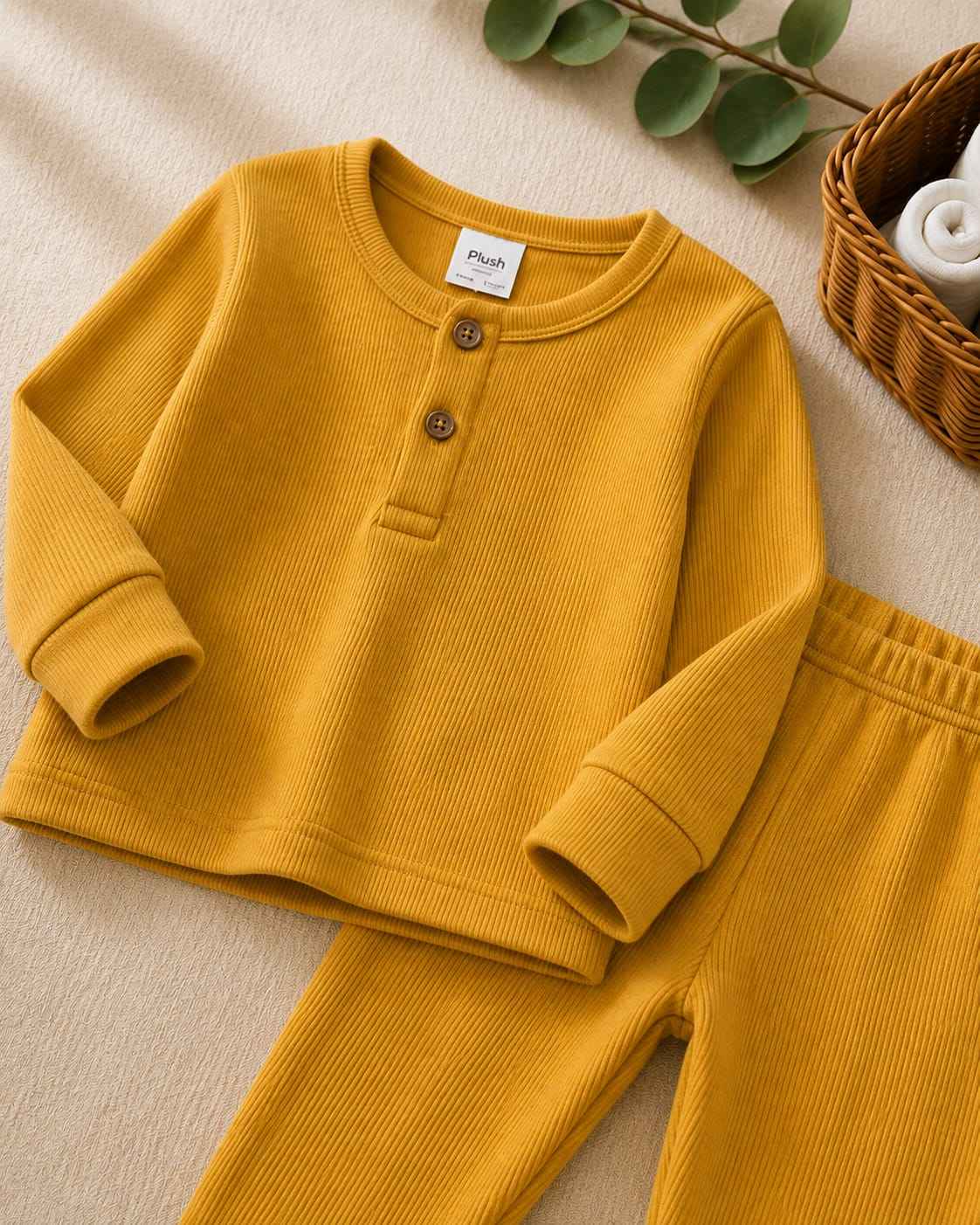 Plush Round Neck Style Ribbed Knit Basic Set - Yellow