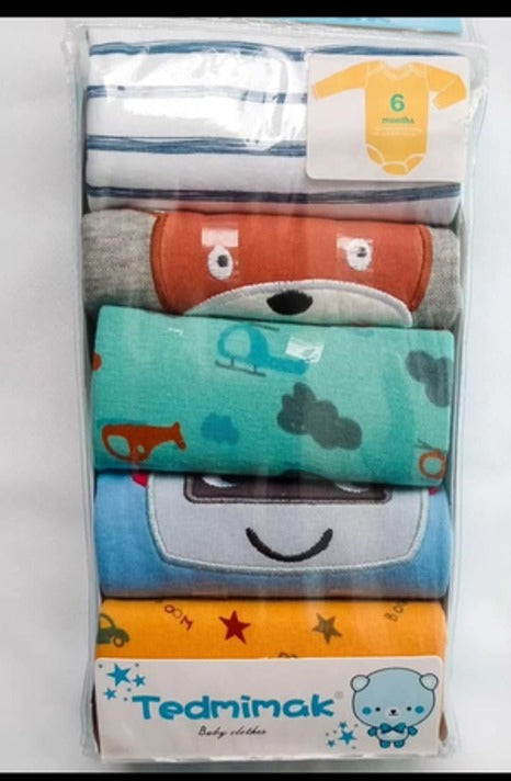 Baby Boy Printed Bodysuits Pack of 5