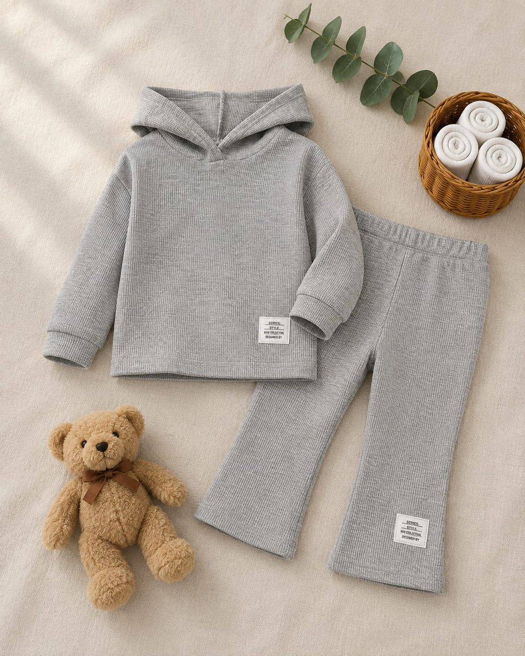 Plush Hoodied Bell Bottom Style Ribbed Knit Basic Set - Grey