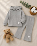 Plush Hoodied Bell Bottom Style Ribbed Knit Basic Set - Grey