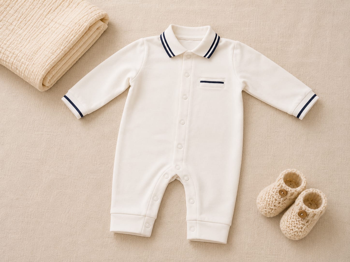 White baby romper with navy striped collar