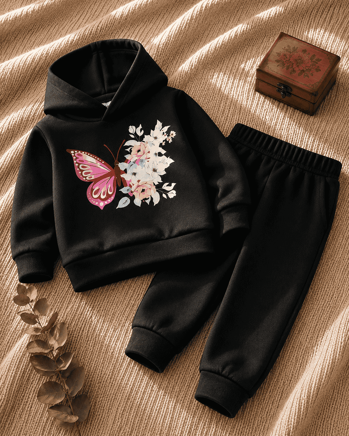 Plush-Hoodie Style - Butterfly Theme Fleece Sweat Set