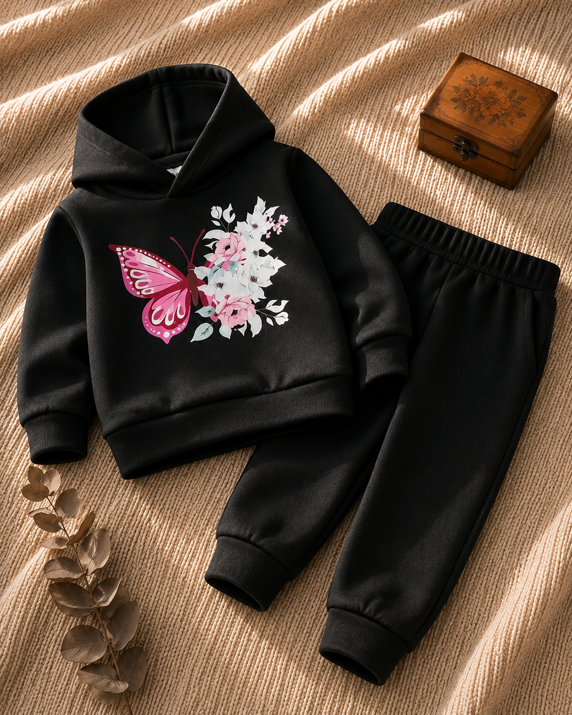 Plush-Hoodie Style - Butterfly Theme Fleece Sweat Set