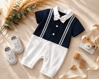Navy Blue & White Bow Tie Polo Romper for Babies | Soft Interlock Bodysuit