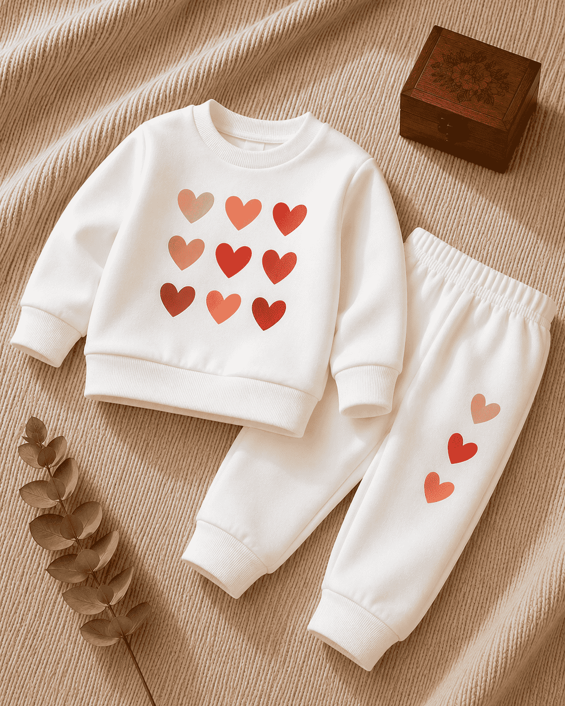 Plush Fleece Shirt & Trouser - Hearts in White