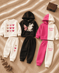Pack of 3 girls hoodie sets with hearts print, pink butterfly flowers and MAMA'S Girl color block design