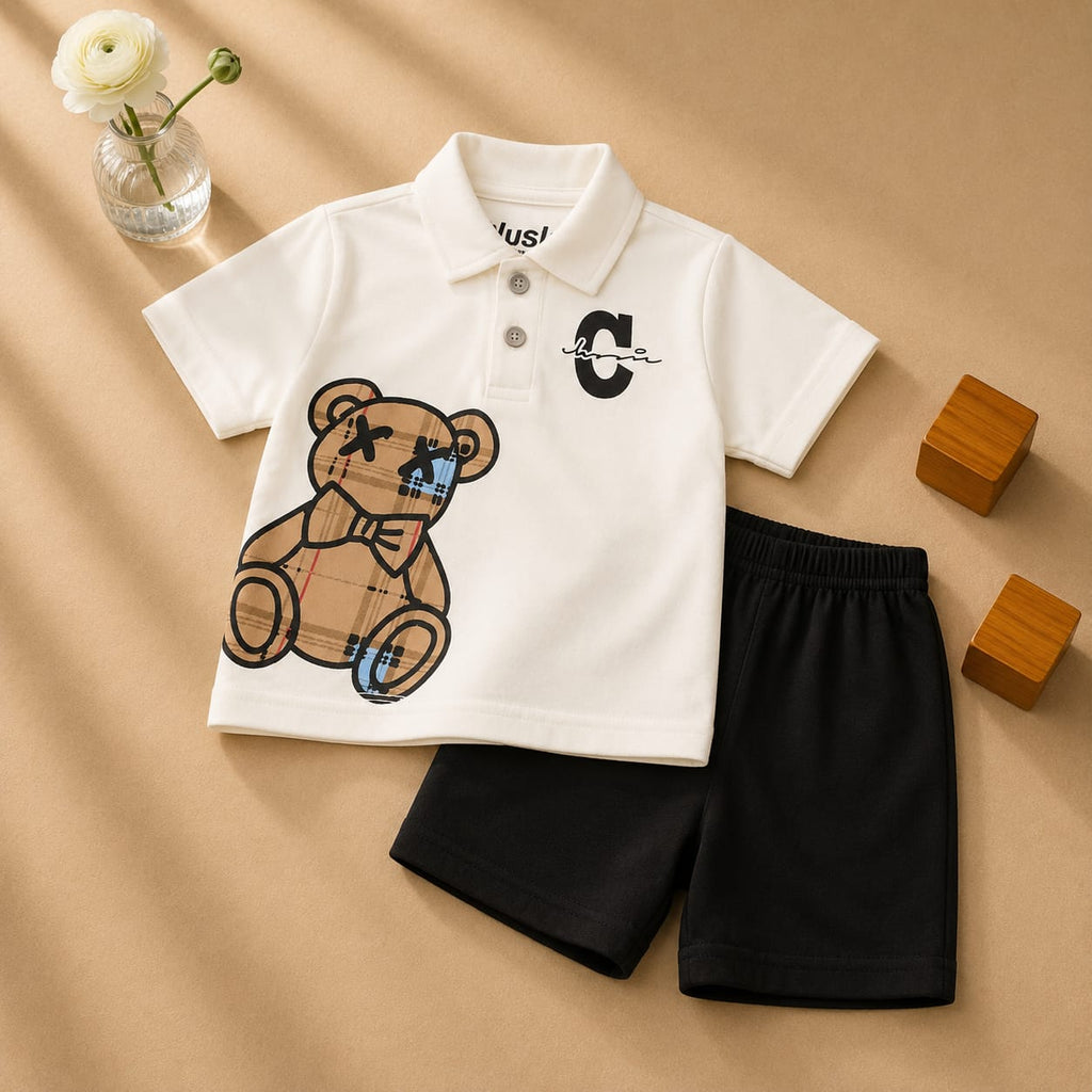 Plush-Baby Plaid Polo Shirt & Shorts-White
