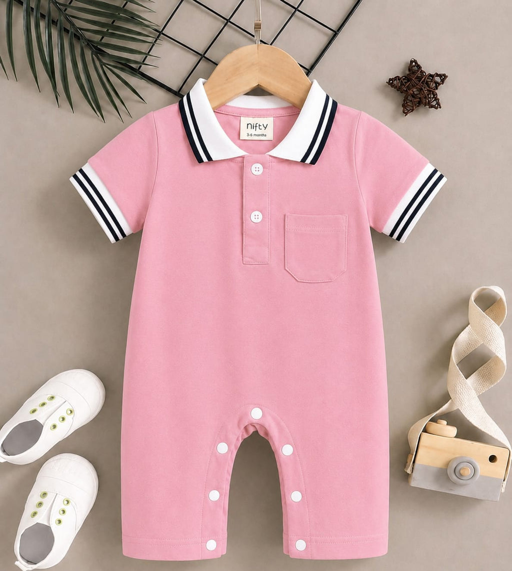Light Pink Polo Romper for Babies | Soft Interlock Bodysuit