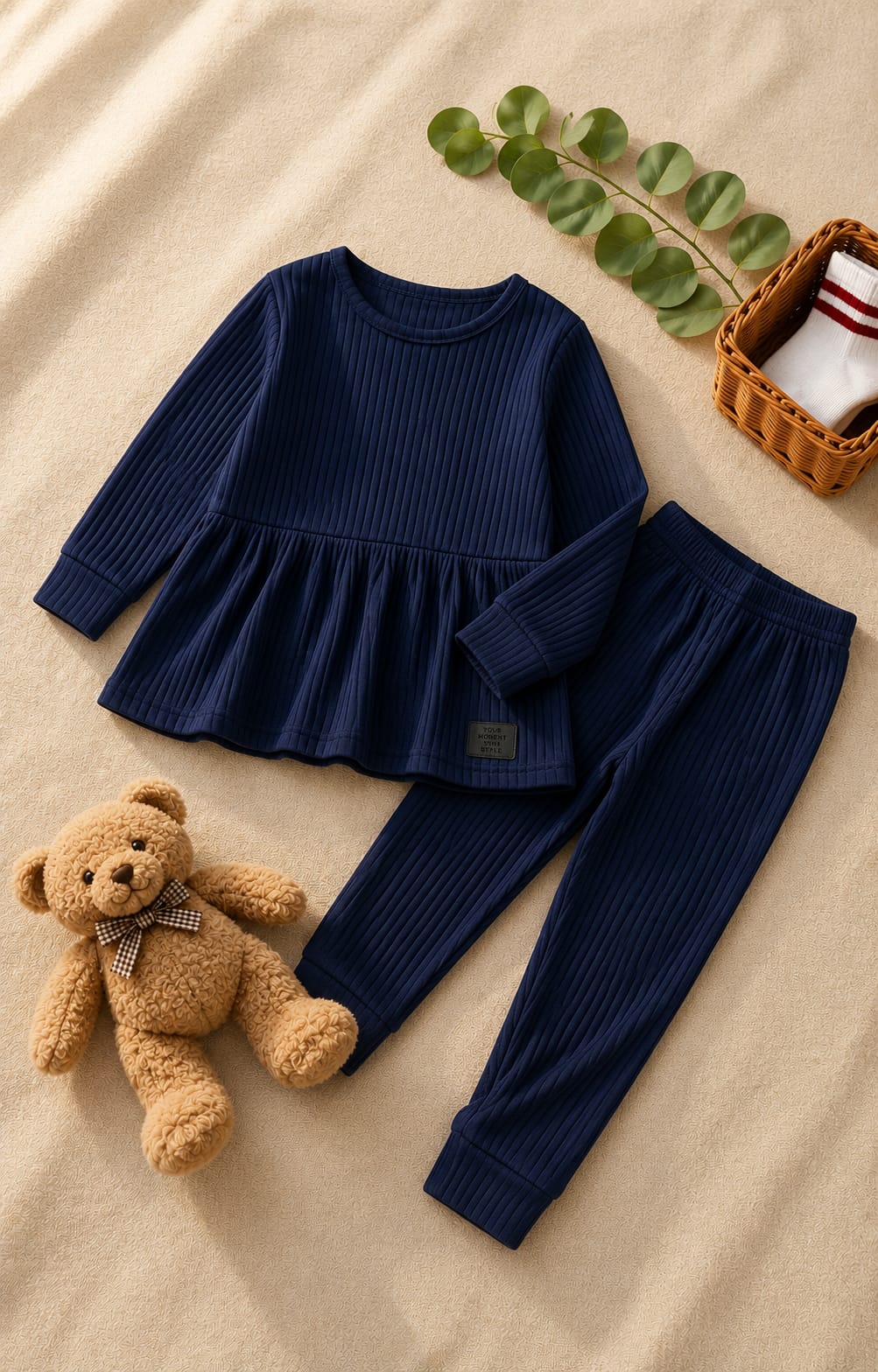 Plush Ribbed Knit Frock with Cuff Trousers - Midnight Blue