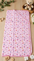 Pink hooded baby blanket with cute cartoon bear pattern.