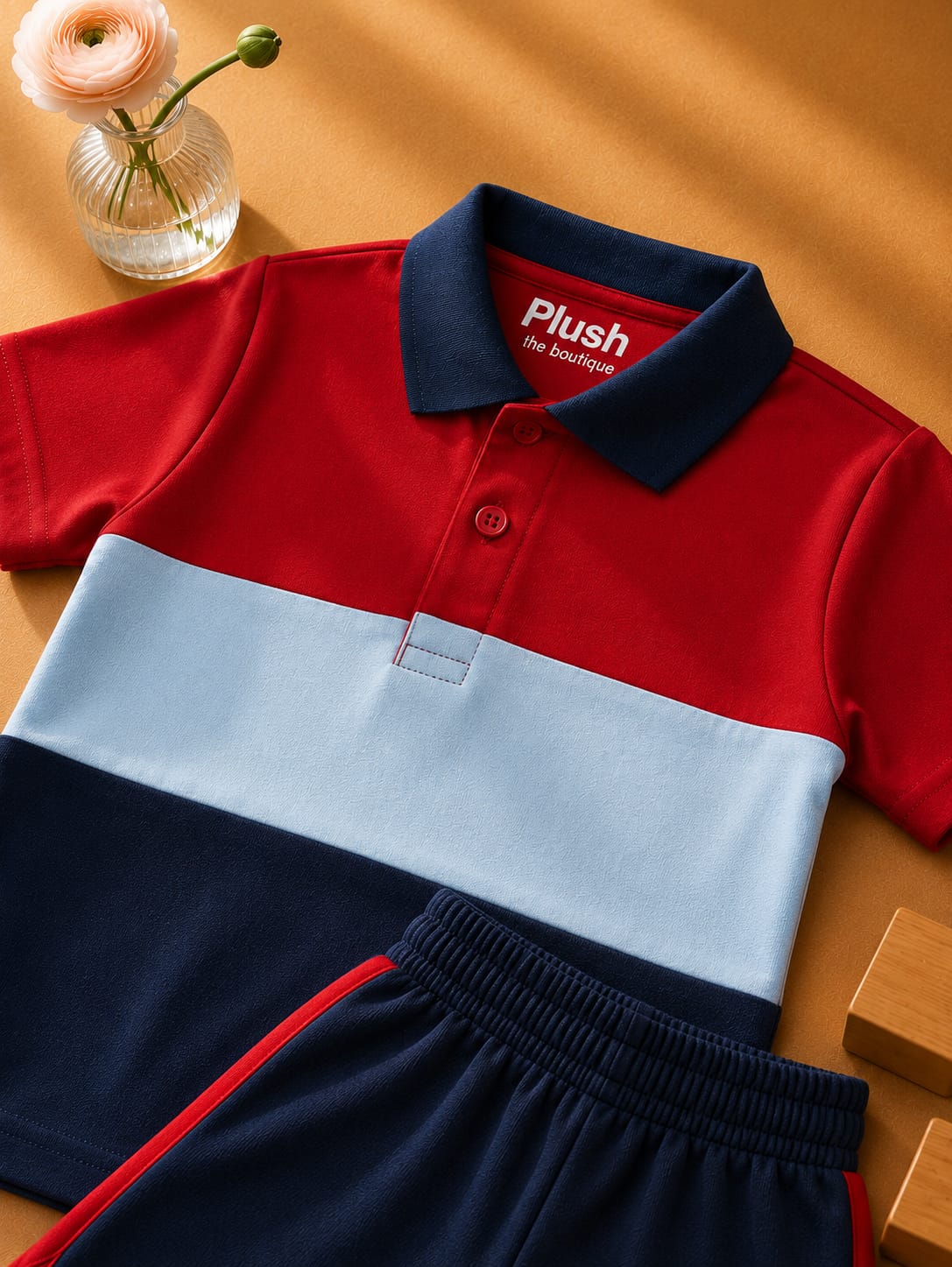 Plush-Baby Plaid Polo Shirt & Shorts-Red-Blue