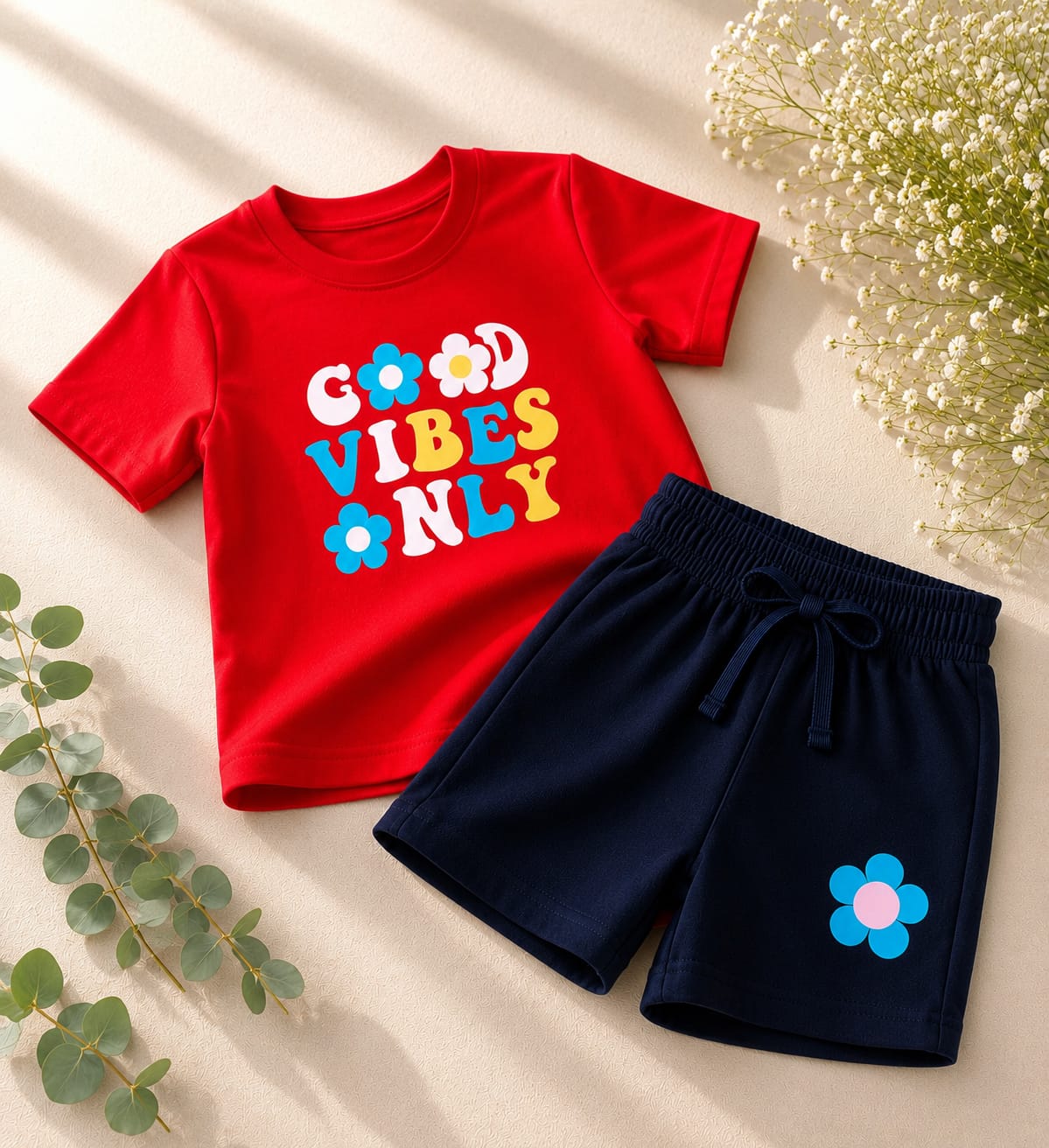Girls Red "Good Vibes Only" T-Shirt & Shorts Set
