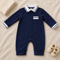 Navy blue baby romper with white striped collar