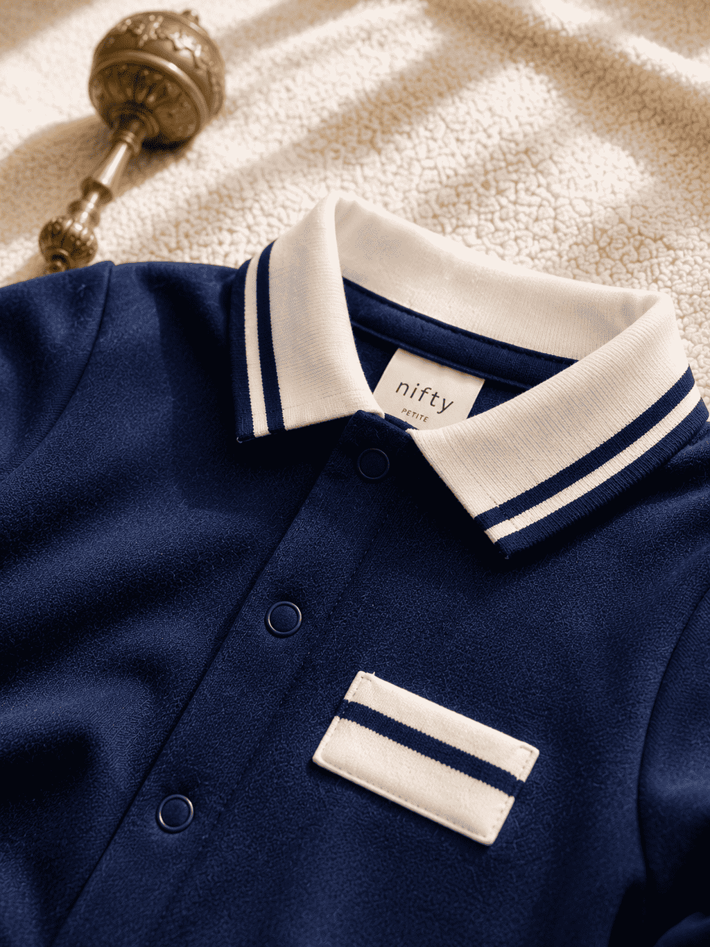 Baby Boy Romper – Navy Blue with White Striped Collar Jumpsuit