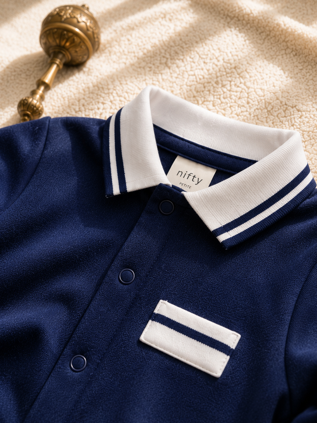 Baby Boy Romper – Navy Blue with White Striped Collar Jumpsuit