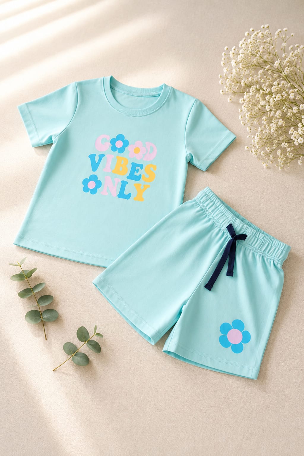 Girls Mint Green "Good Vibes Only" T-Shirt & Shorts Set