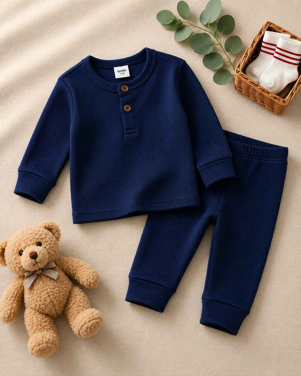 Plush Round Neck Style Ribbed Knit Basic Set - Midnight Navy Blue