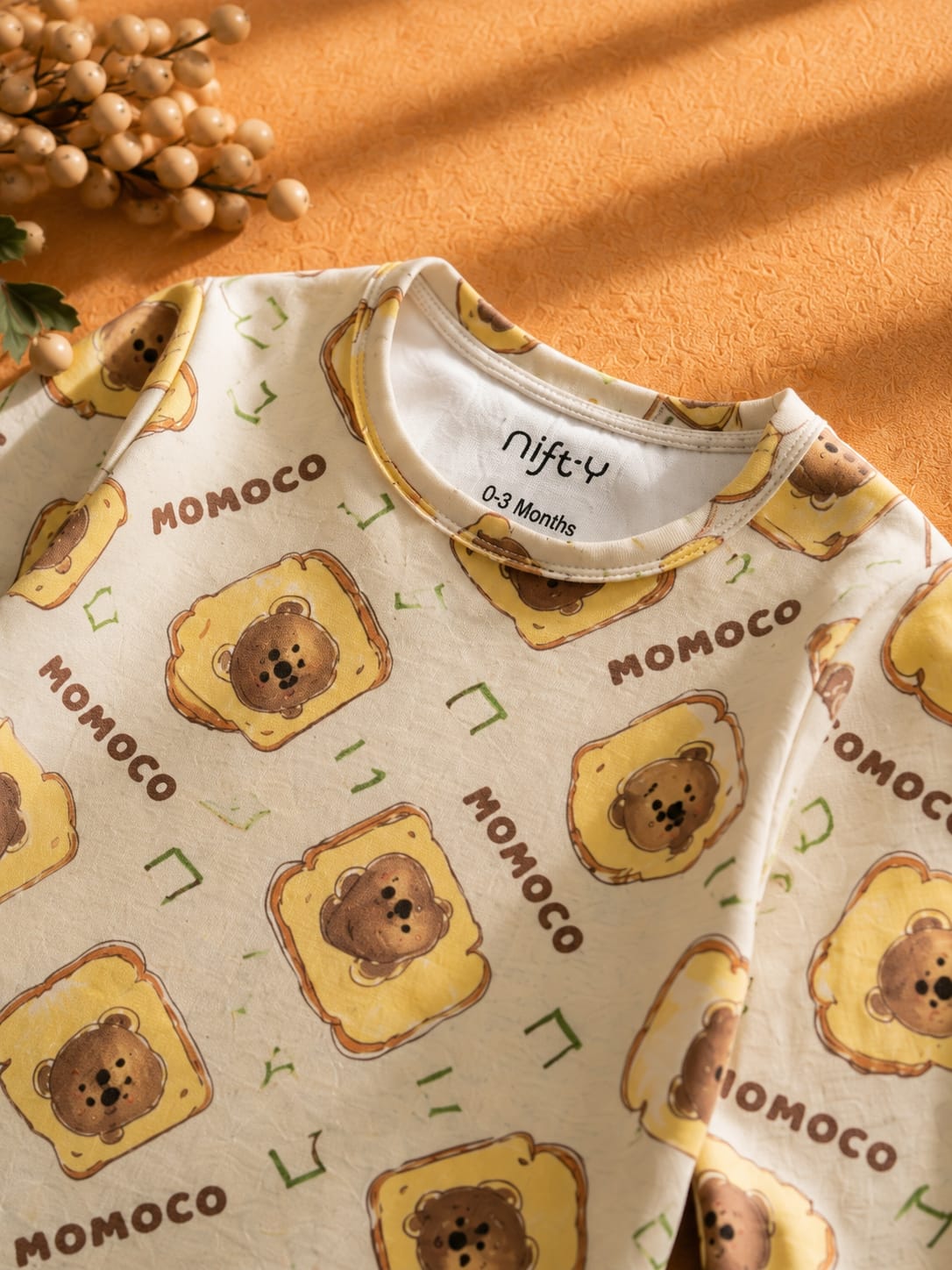 Baby Bear Toast Print Romper | Cream Long Sleeve Jumpsuit
