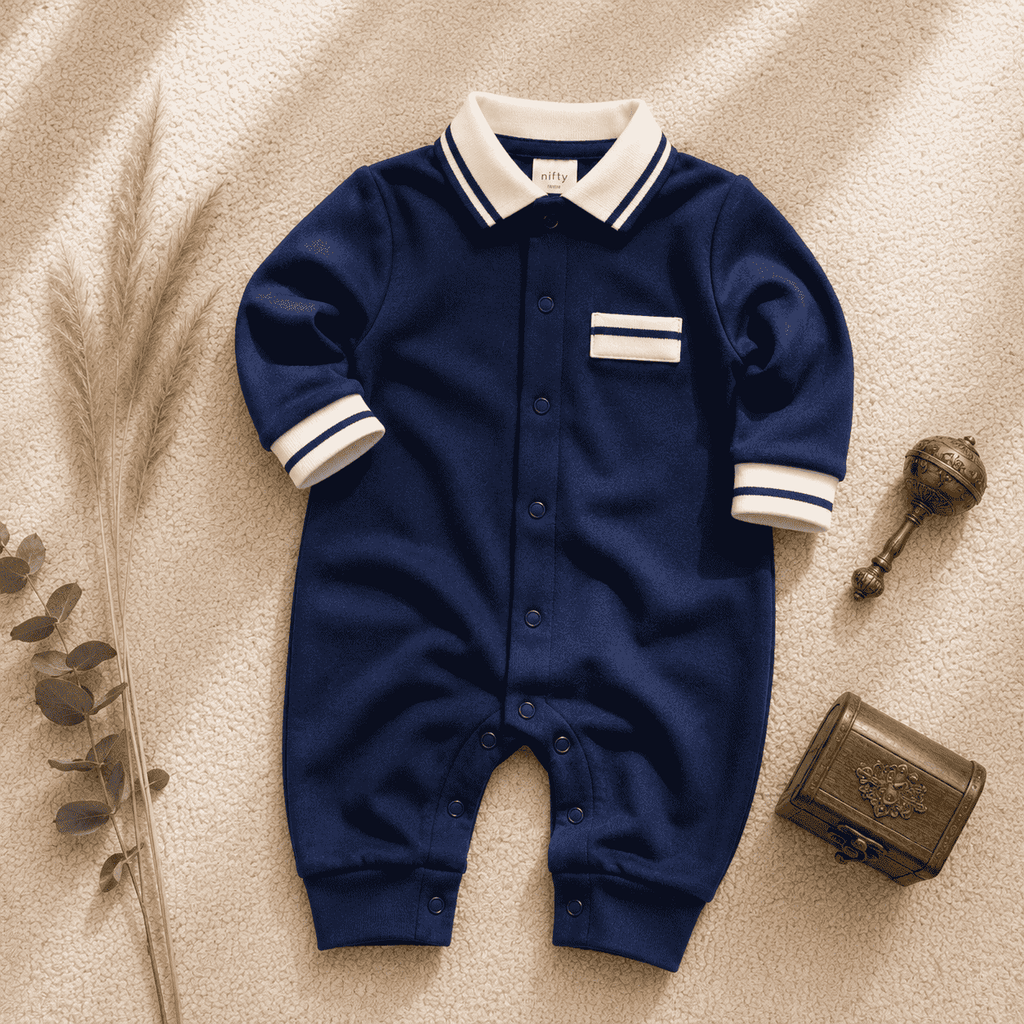 Navy blue baby romper with white striped collar