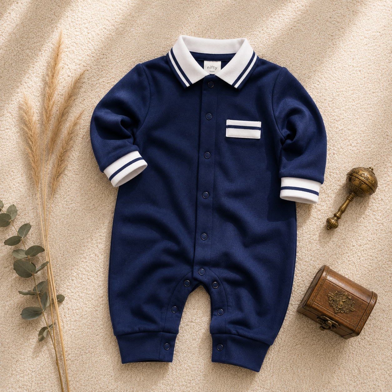 Navy blue baby romper with white striped collar