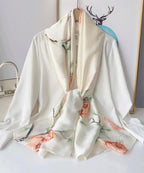Cream silk-satin scarf with peach rose and green leaf botanical print