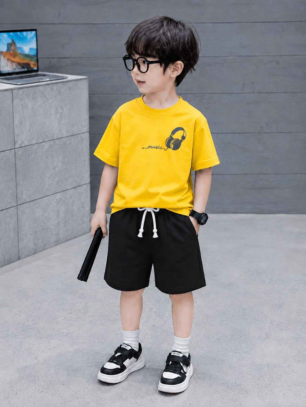 Boys Yellow & Dark Grey Music Headphones T-Shirt & Shorts Set