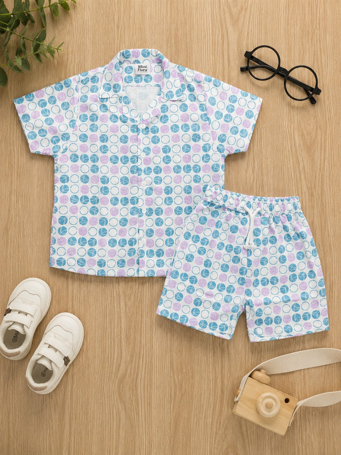 Boys white short-sleeve button-down shirt and shorts set with blue and purple