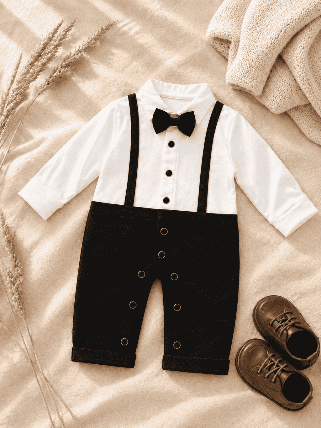 Baby boy tuxedo romper with bow tie and suspenders