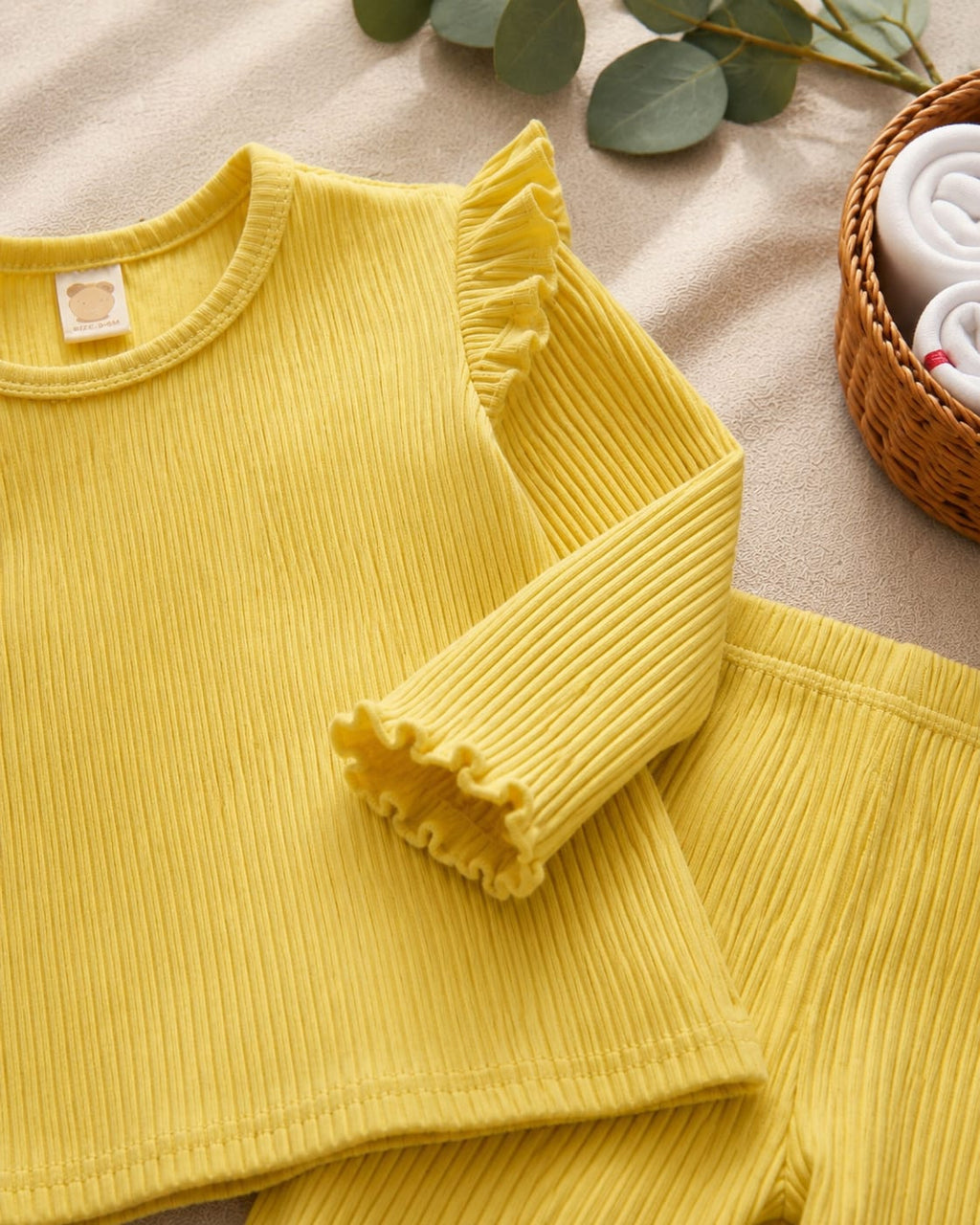 Plush Shoulder Frill Style Ribbed Knit Basic Set - Yellow