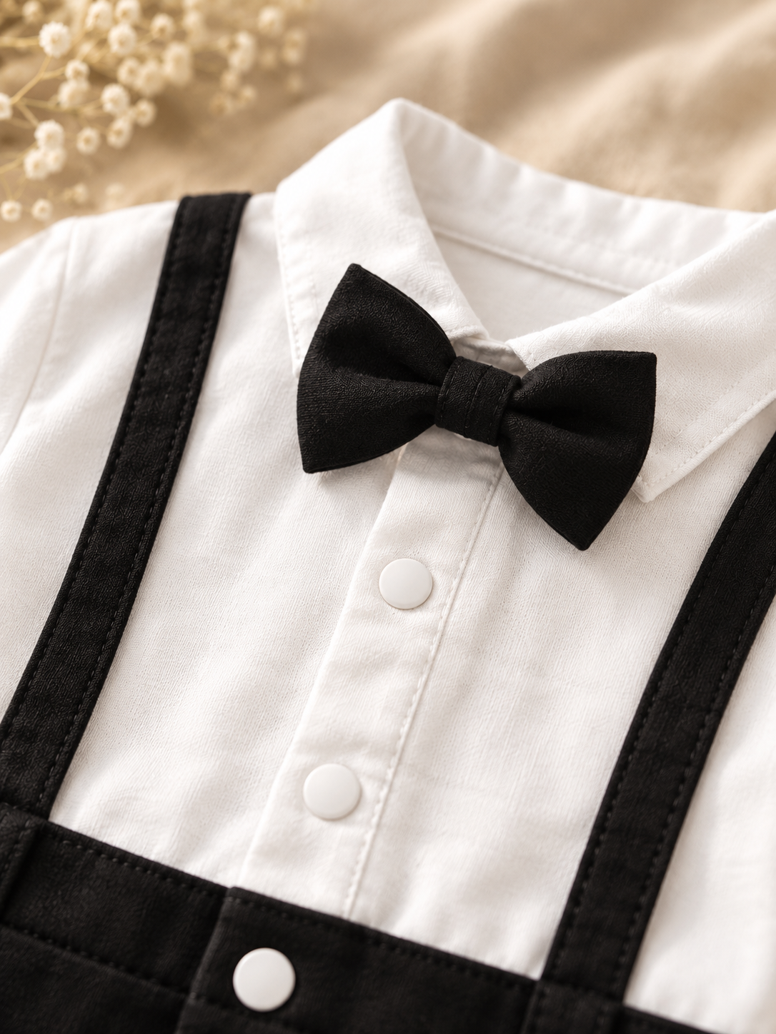 Baby Boy Tuxedo Romper with Bow Tie & Suspenders – Cuffed Formal Outfit
