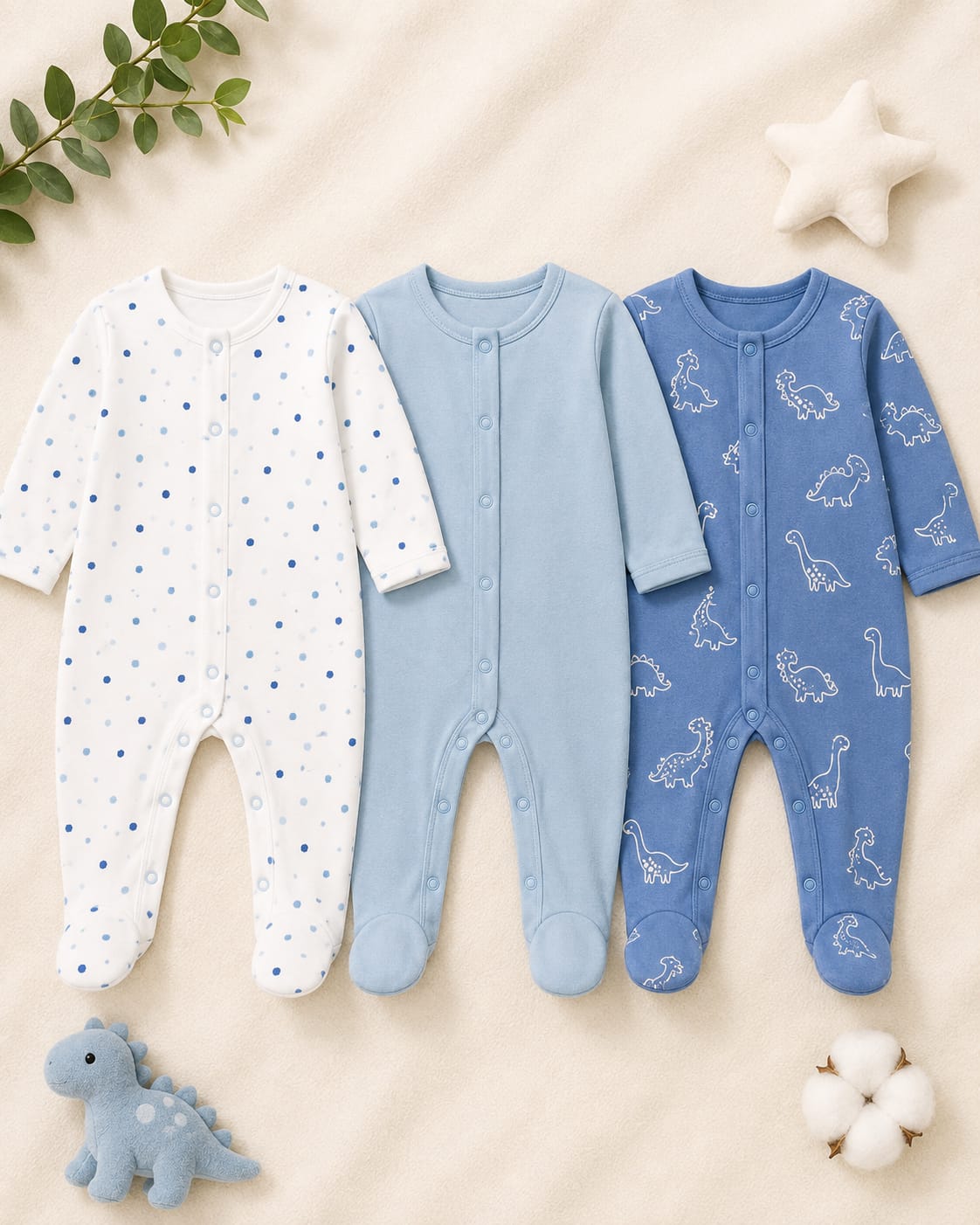 Blue & Dino Dreams Baby Sleepsuit Set – Primark UK (Pack of 3)