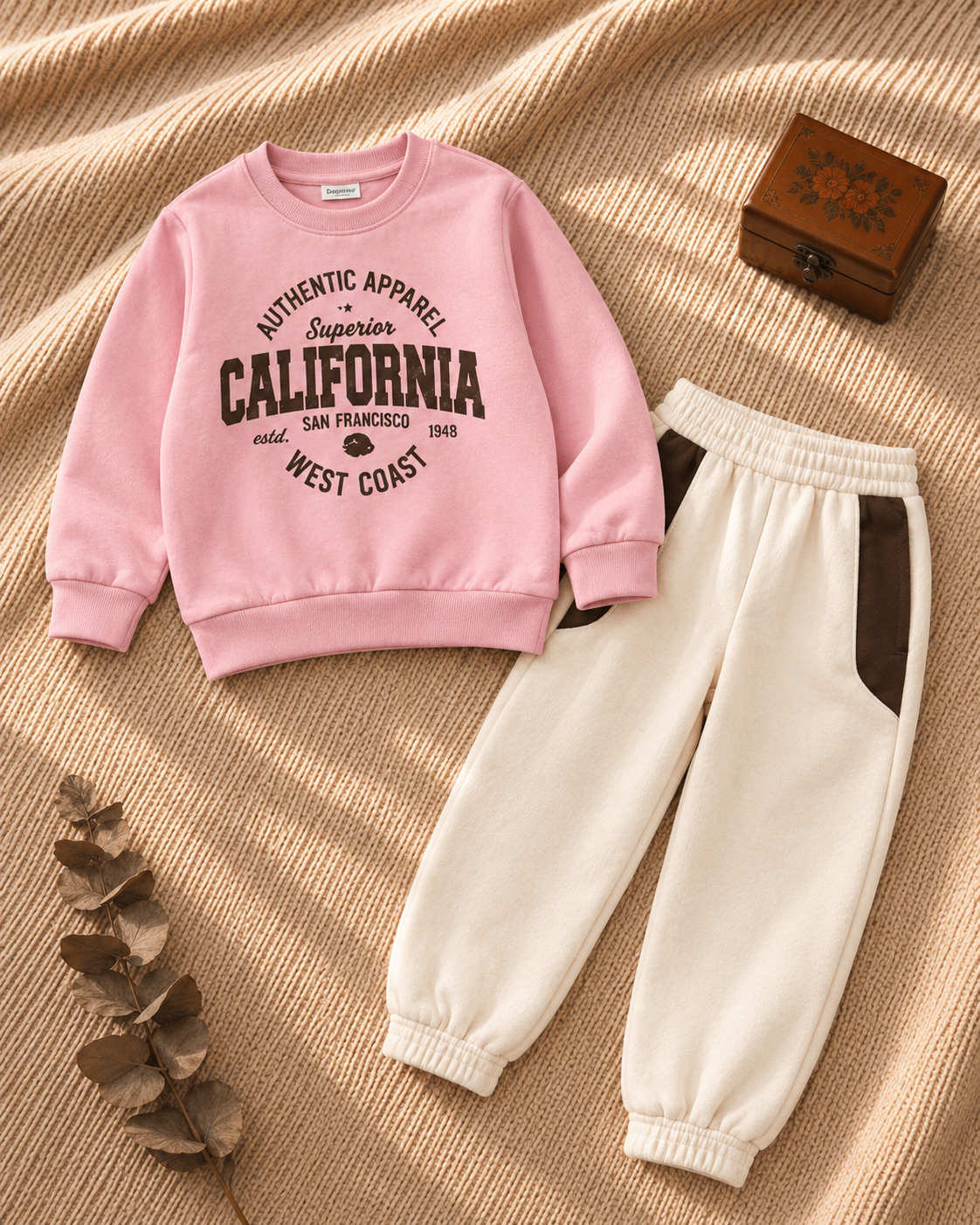 Kids pink California print fleece sweatshirt and cream jogger set
