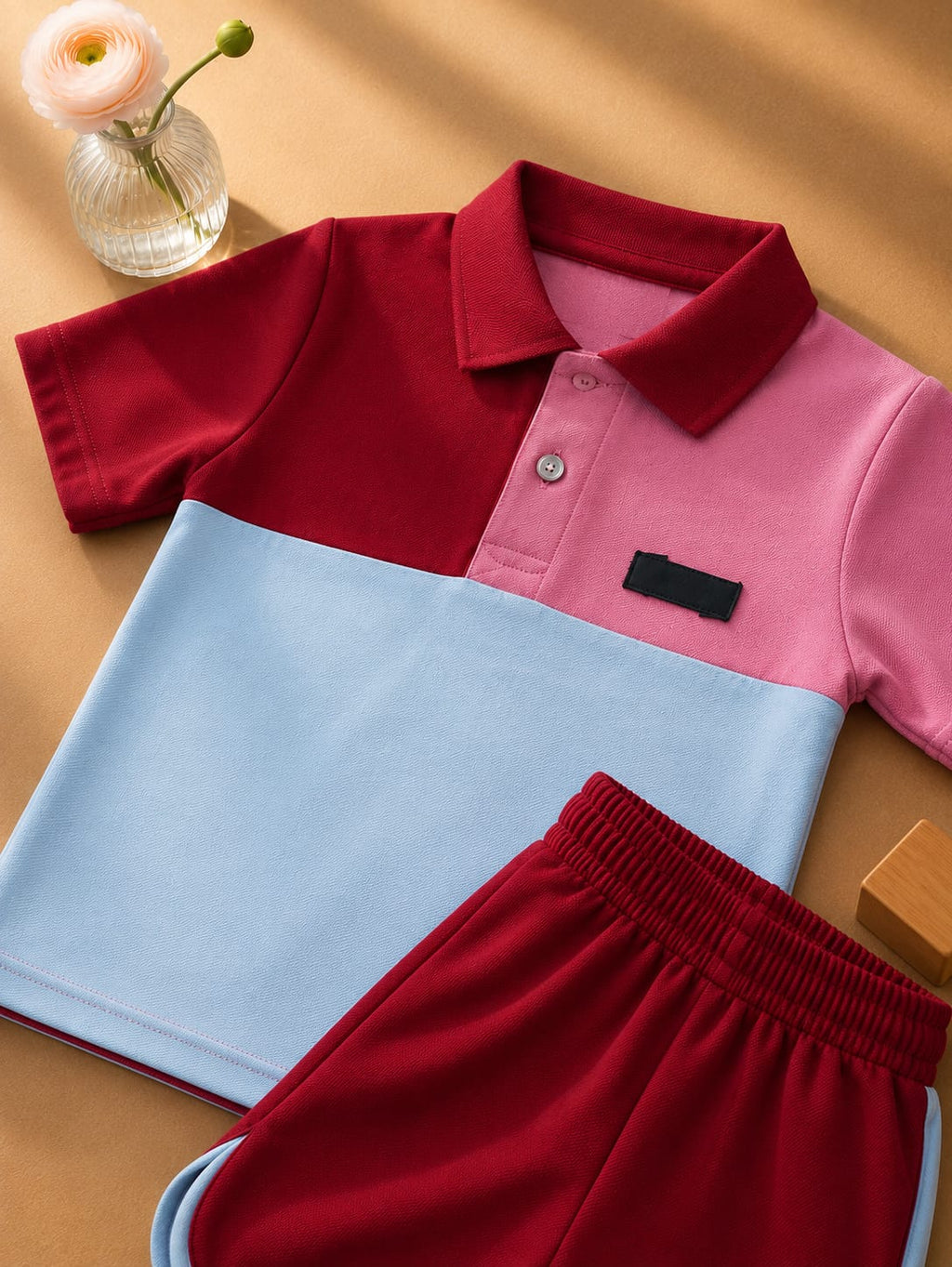 Plush-Baby Plaid Polo Shirt & Shorts-Blue-Red-Pink