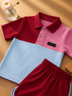 Plush-Baby Plaid Polo Shirt & Shorts-Blue-Red-Pink