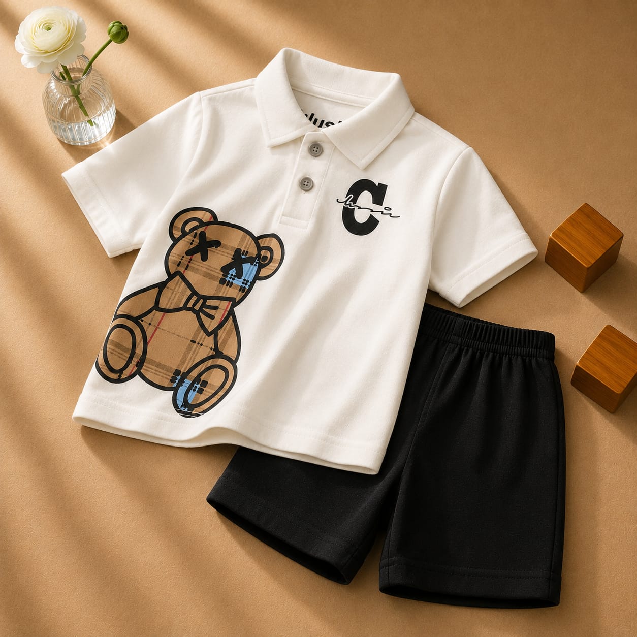 Plush-Baby Plaid Polo Shirt & Shorts-White