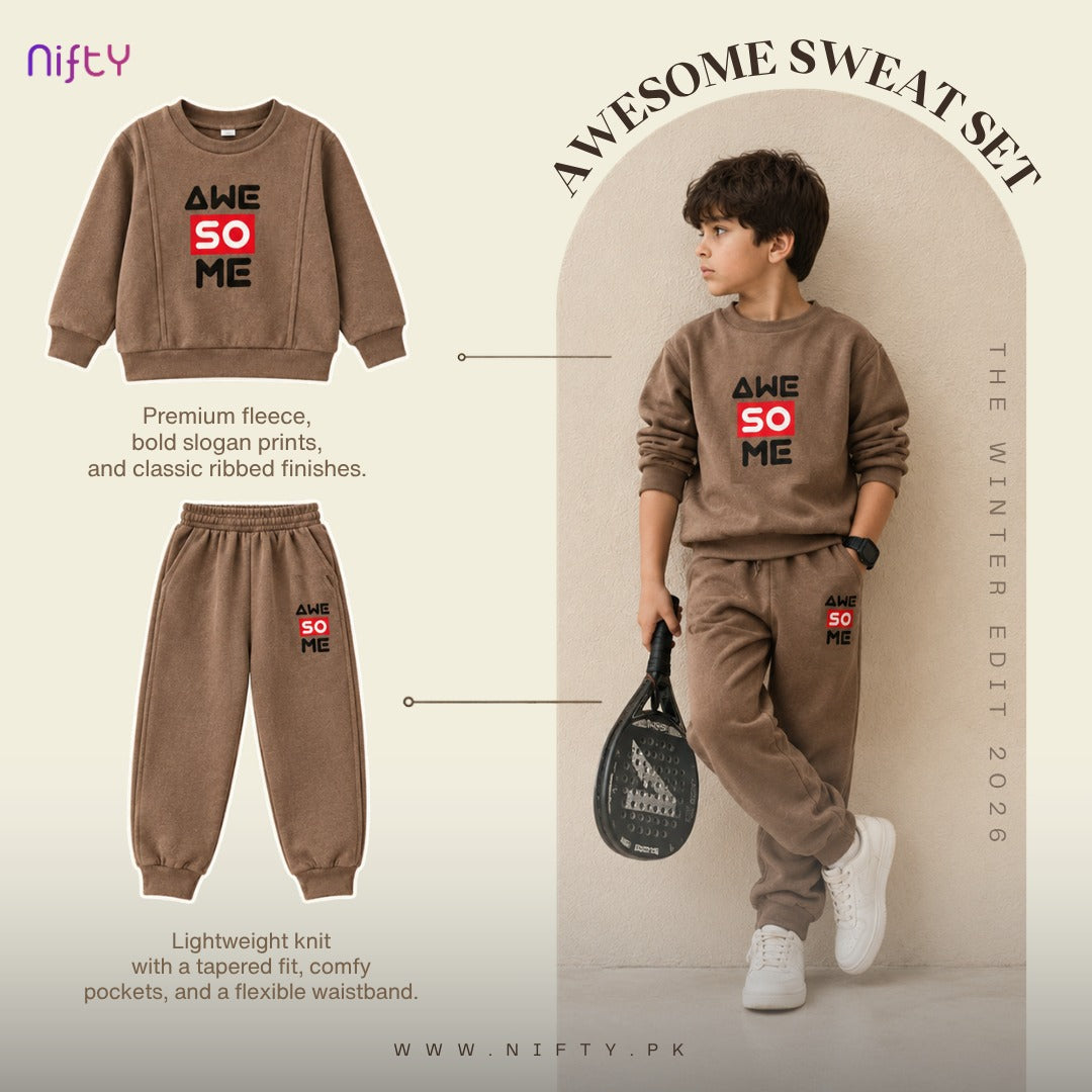 Mocha brown kids tracksuit set with Awe So Me print