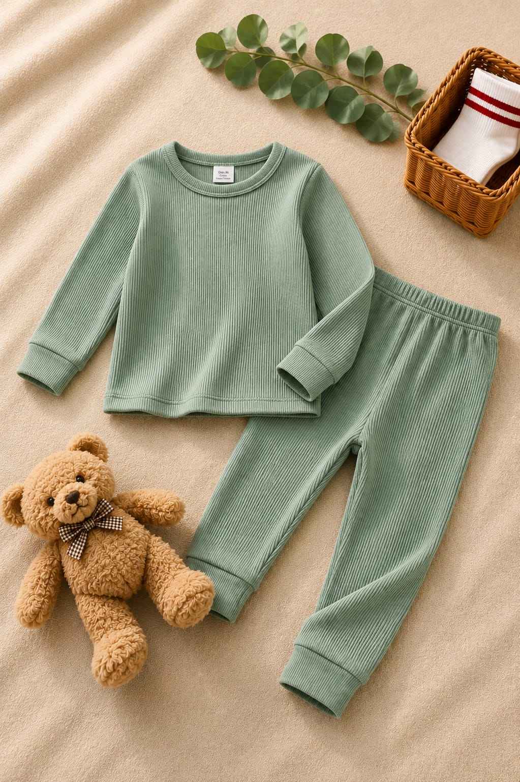 Plush Round Neck Style Ribbed Knit Sweat Set - Green