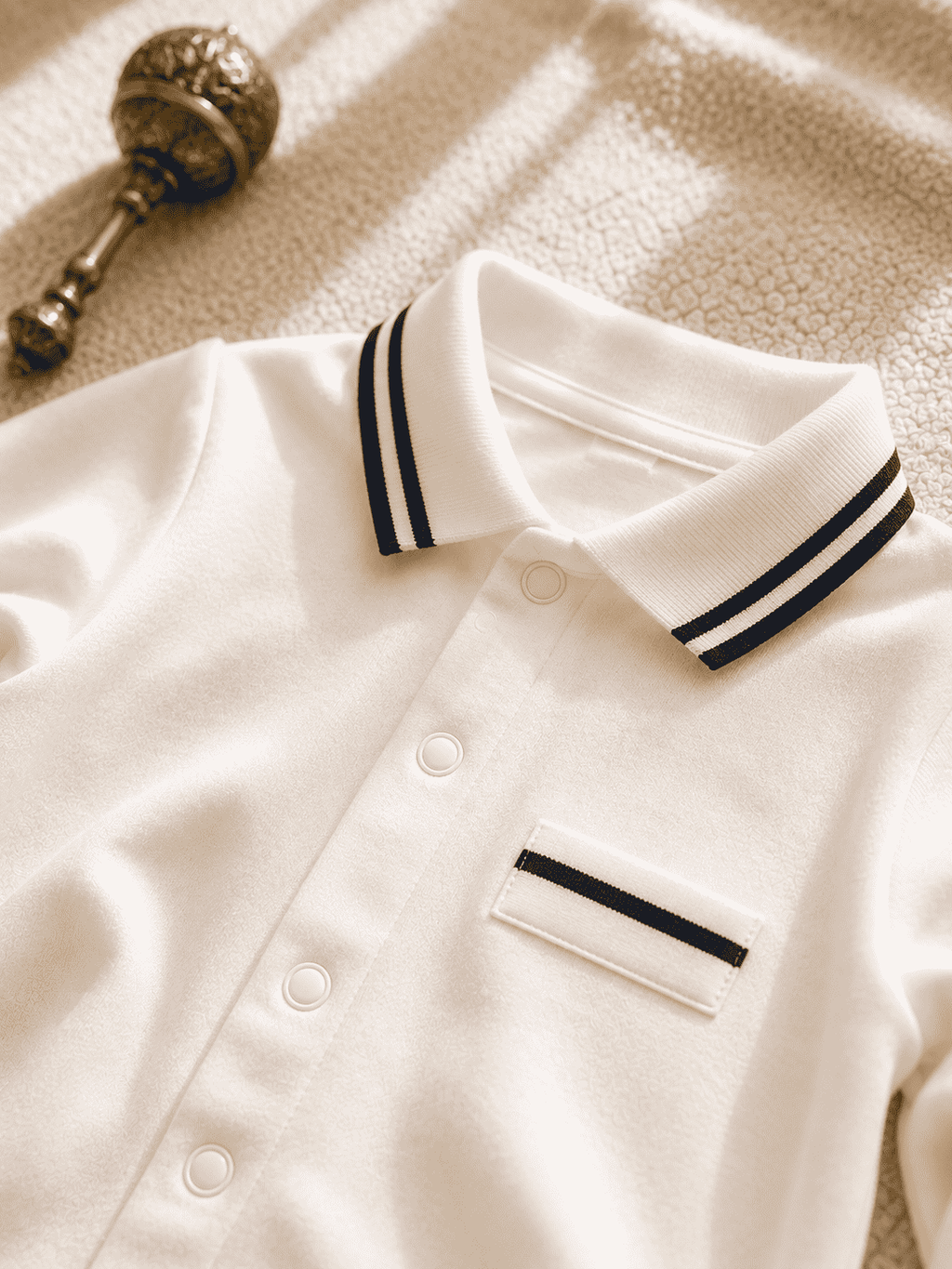 Baby Boy Romper – White & Navy Striped Collar Jumpsuit