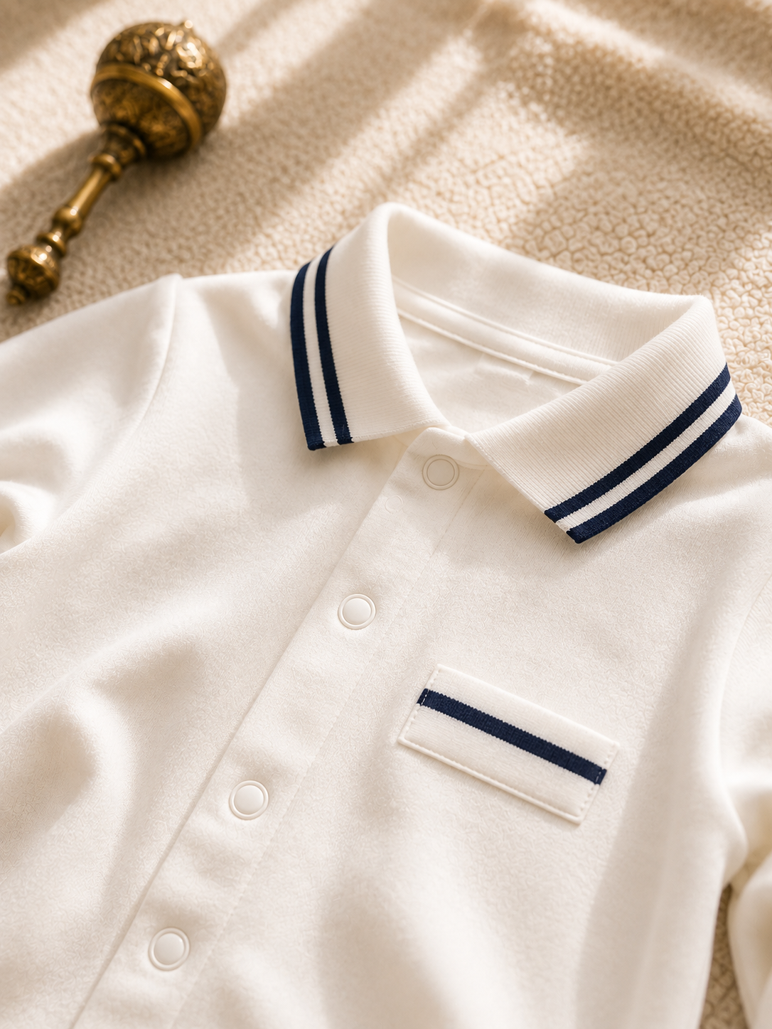 Baby Boy Romper – White & Navy Striped Collar Jumpsuit
