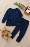 Plush Ribbed Knit Frock with Cuff Trousers - Midnight Blue